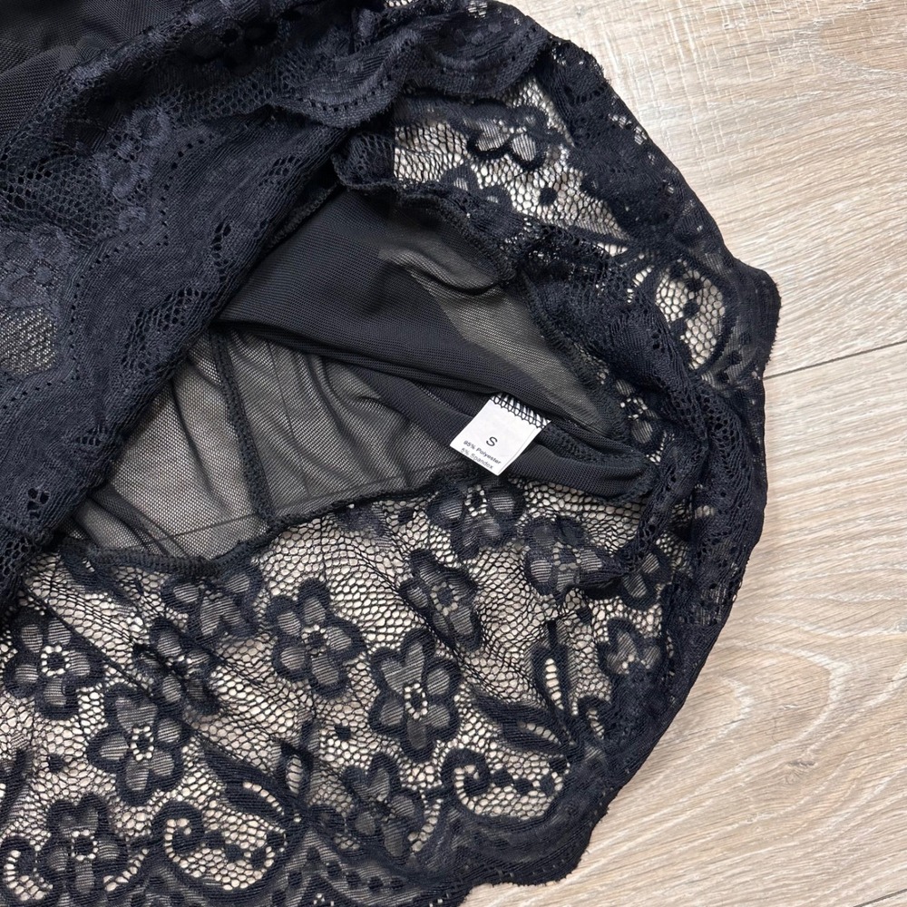 Black Mesh Lace Cami Mini Dress Lingerie Sexy Feminine Babydoll 2 piece Small - Picture 8 of 9